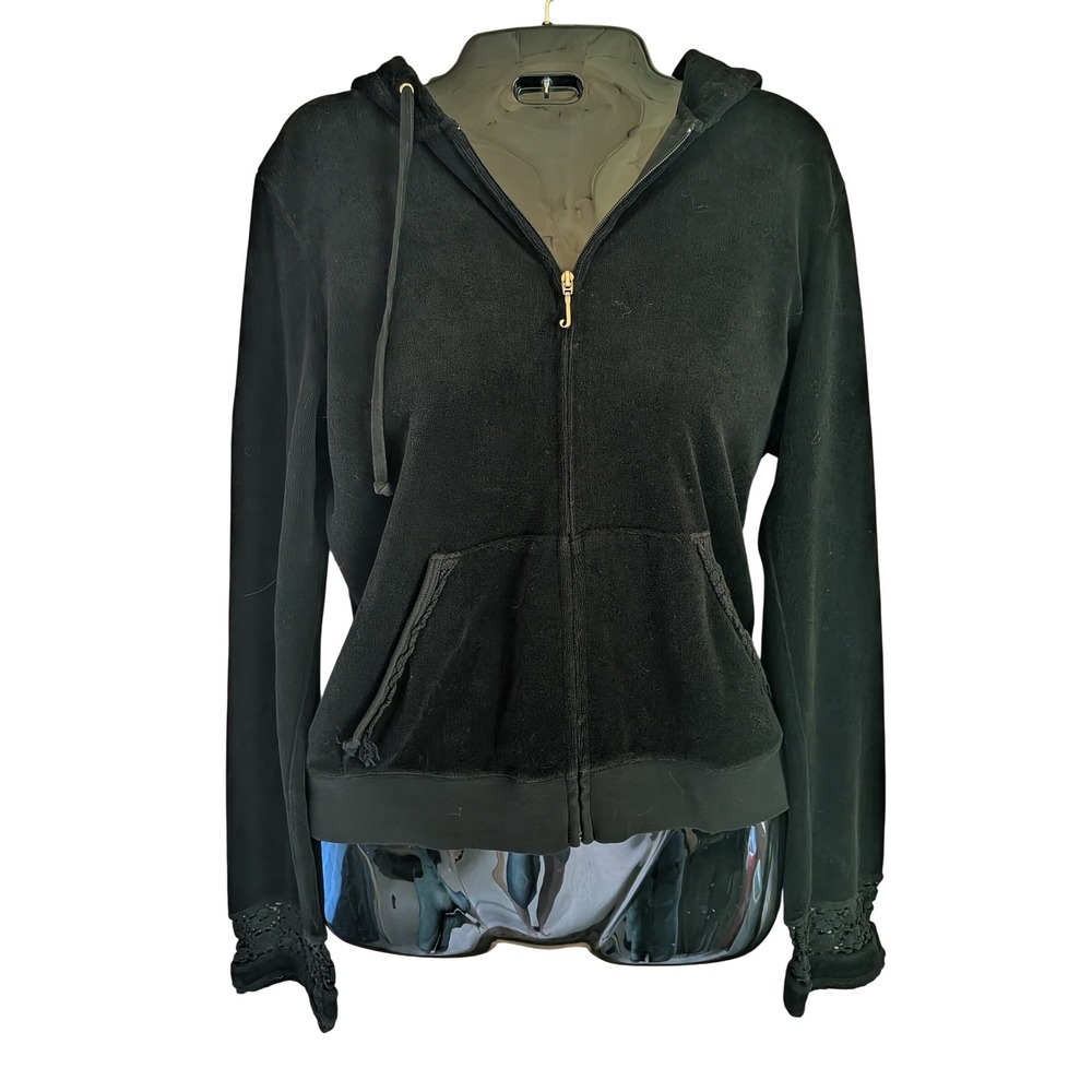 Juicy Couture Hoodie L Y2K Vintage Velour Crochet Lace Glam Athleisure USA 2000s